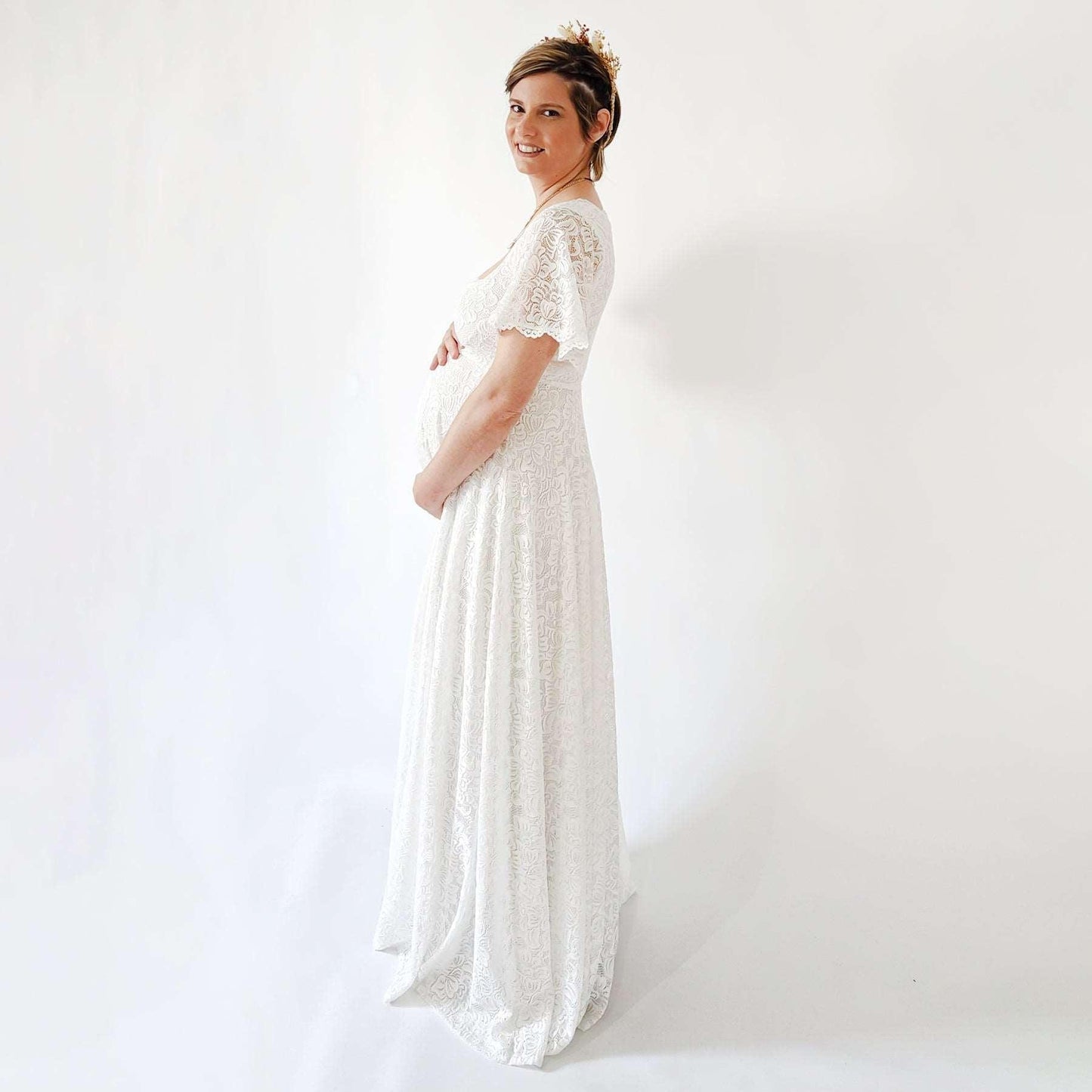 Bohemian Maternity Ivory Wedding Dress With Square Neckline & Butterfly Sleeves - Lovez Aqua© - 