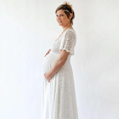 Bohemian Maternity Ivory Wedding Dress With Square Neckline & Butterfly Sleeves - Lovez Aqua© - 