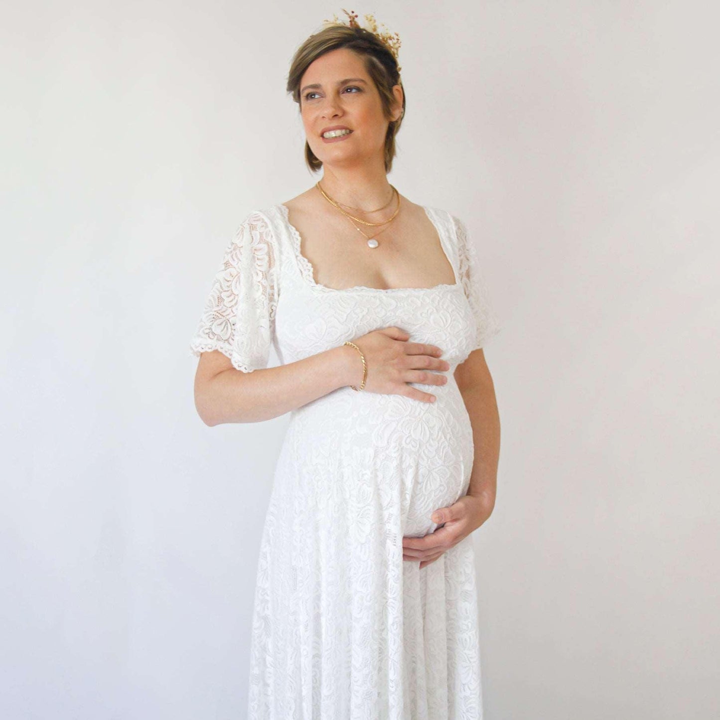 Bohemian Maternity Ivory Wedding Dress With Square Neckline & Butterfly Sleeves - Lovez Aqua© - 