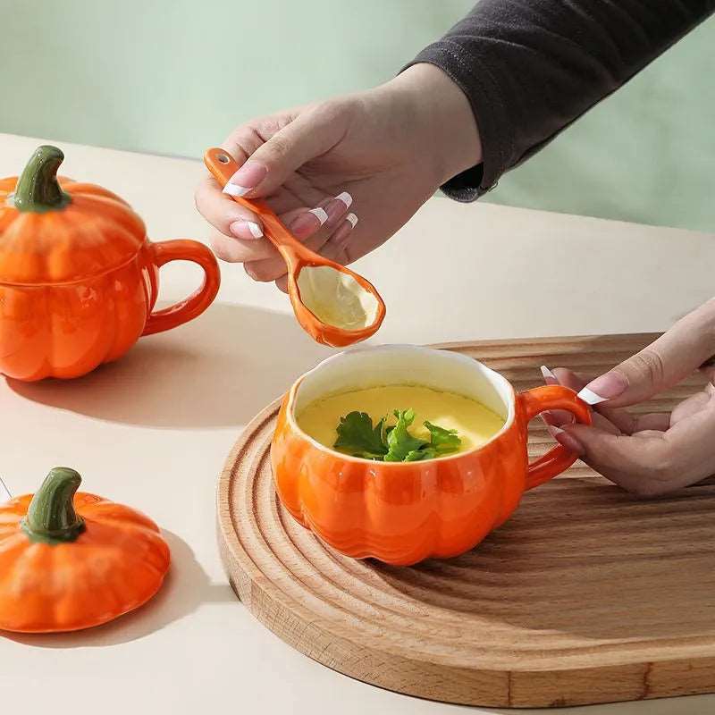 Ceramic Pumpkin Serving Mug With Matching Spoon & Lid (300ml) - Lovez Aqua© - 