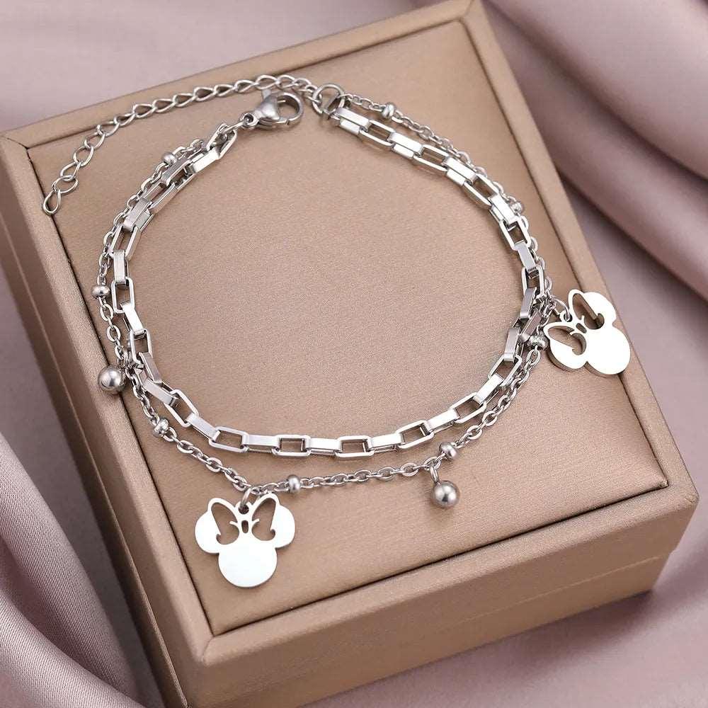 Disney's Minnie Mouse Bow Women's Stainless Steel Pendant Layer Chain Bracelet - Lovez Aqua© - 