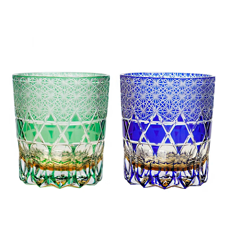 Edo Kiriko Hand-Cut Crystal Whiskey Glass with Intricate Diamond Pattern (250ml) - Lovez Aqua© - 