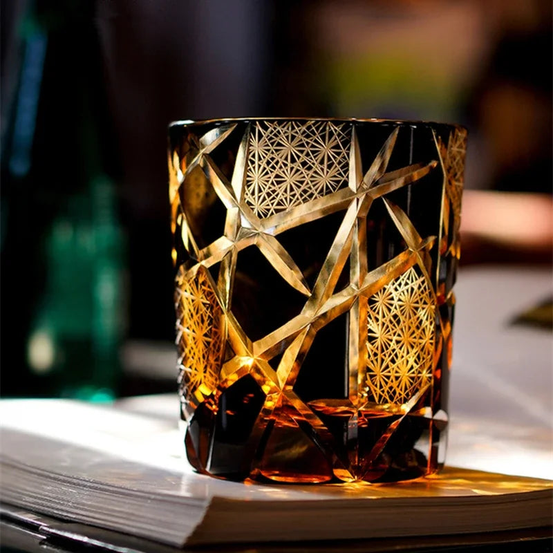 Edo Kiriko Handcrafted Geometrical Amber Whiskey Glass - Lovez Aqua© - 