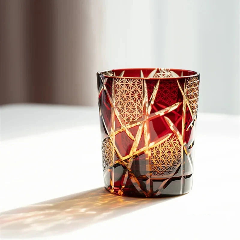 Edo Kiriko Handcrafted Geometrical Amber Whiskey Glass - Lovez Aqua© - 