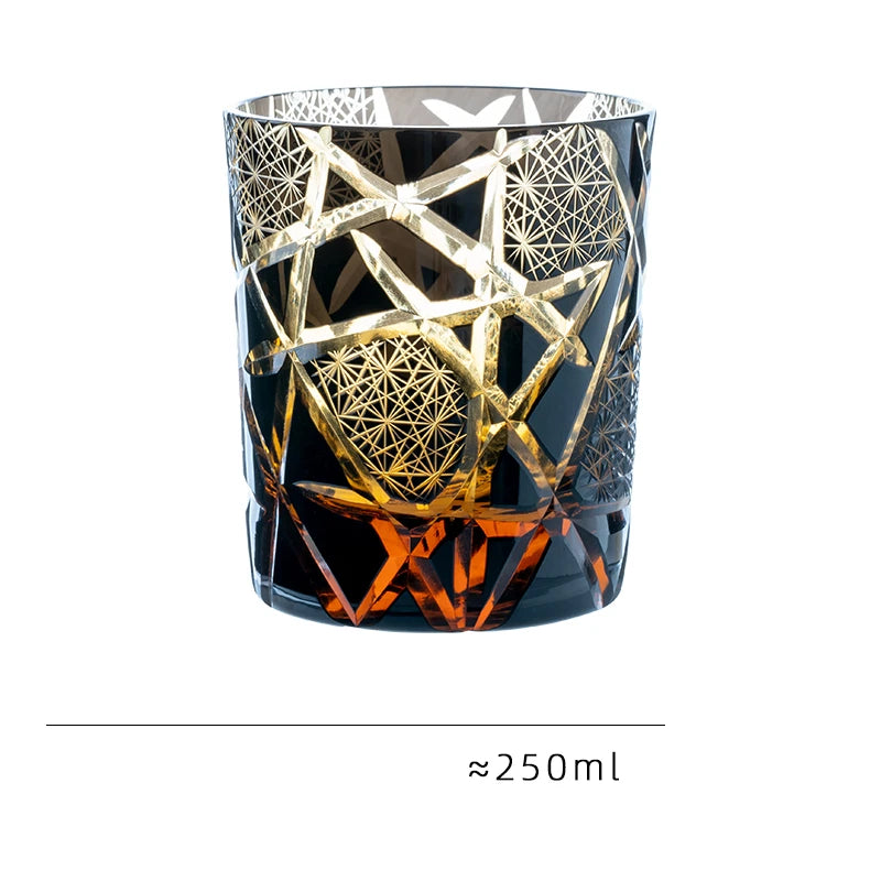 Edo Kiriko Handcrafted Geometrical Amber Whiskey Glass - Lovez Aqua© - 