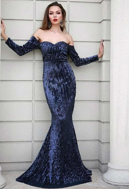 Elegant Midnight Blue Sequined Off-Shoulder Mermaid Evening Gown - Lovez Aqua© - 