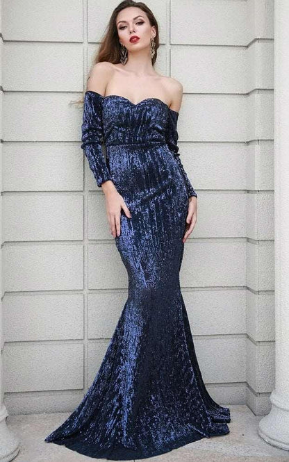 Elegant Midnight Blue Sequined Off-Shoulder Mermaid Evening Gown - Lovez Aqua© - 