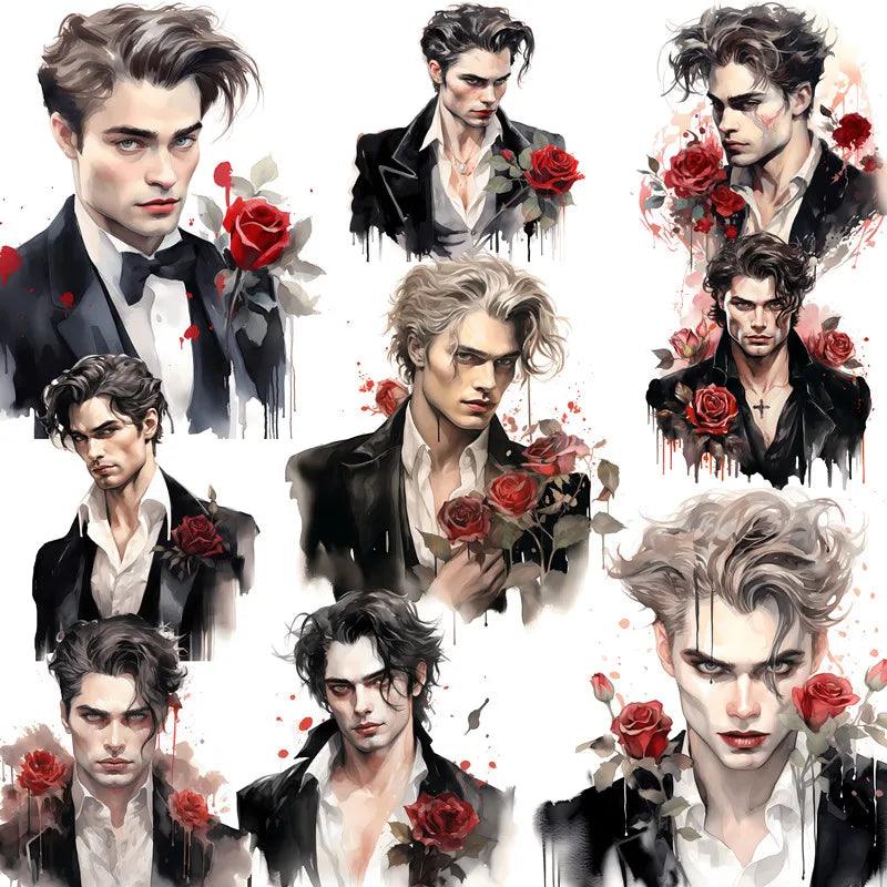 Elegant Watercolor Gentleman Sticker Collection with Red Rose Accents (12pcs) - Lovez Aqua© - 