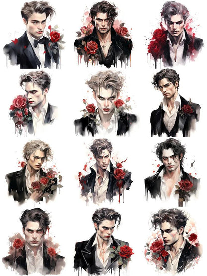 Elegant Watercolor Gentleman Sticker Collection with Red Rose Accents (12pcs) - Lovez Aqua© - 