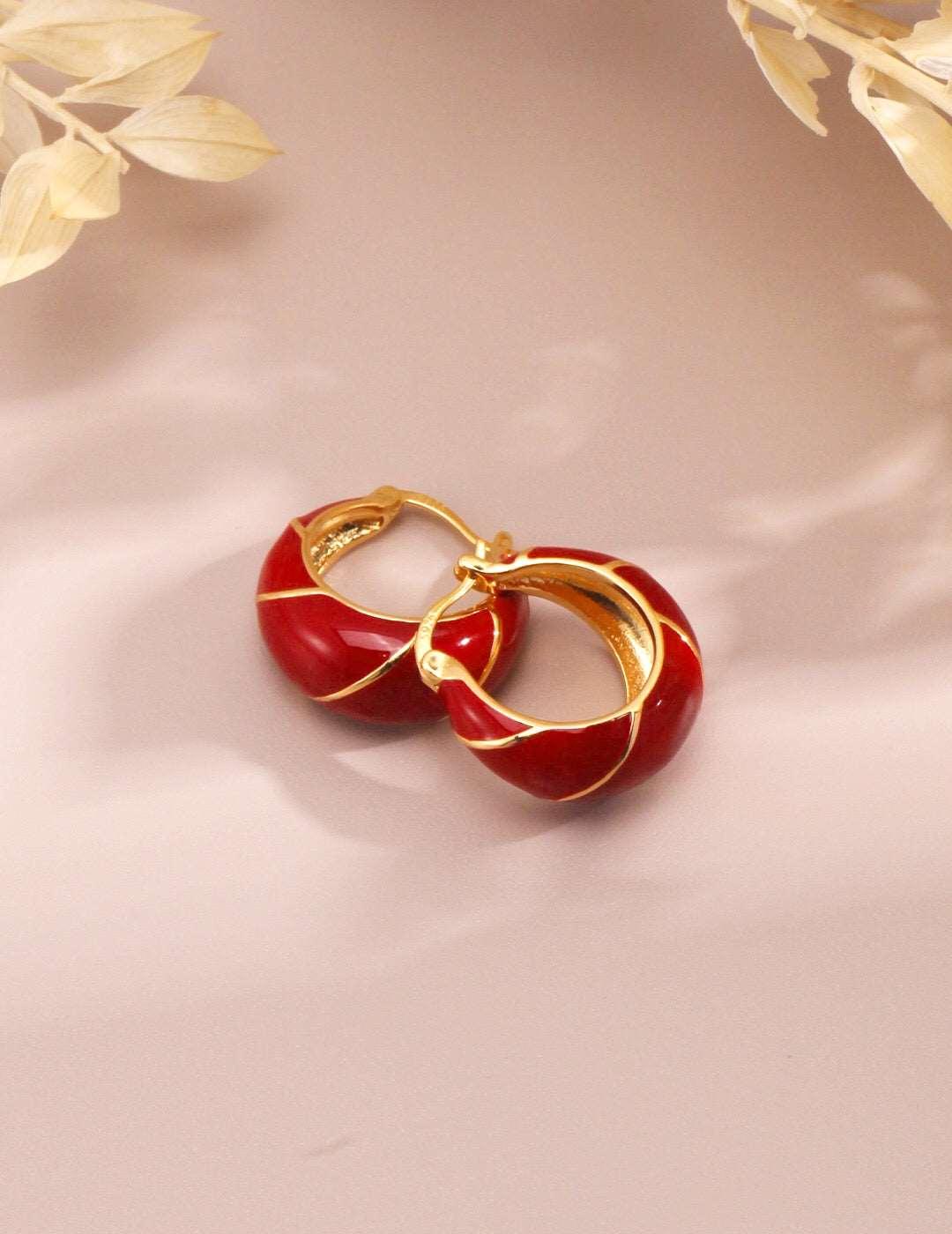 Festive Christmas-Themed Red & Gold Glazed Hoops Earrings - Lovez Aqua© - 