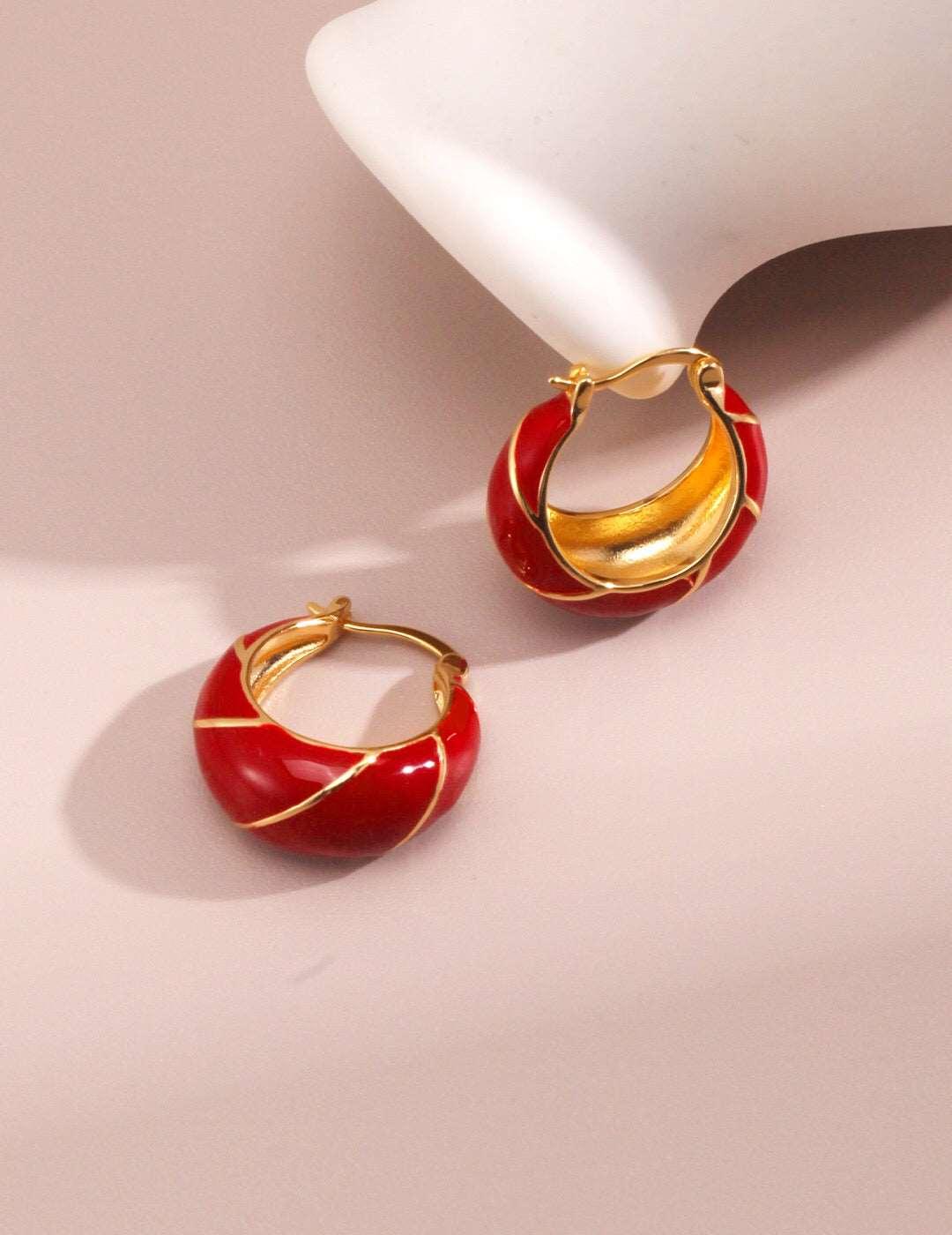 Festive Christmas-Themed Red & Gold Glazed Hoops Earrings - Lovez Aqua© - 