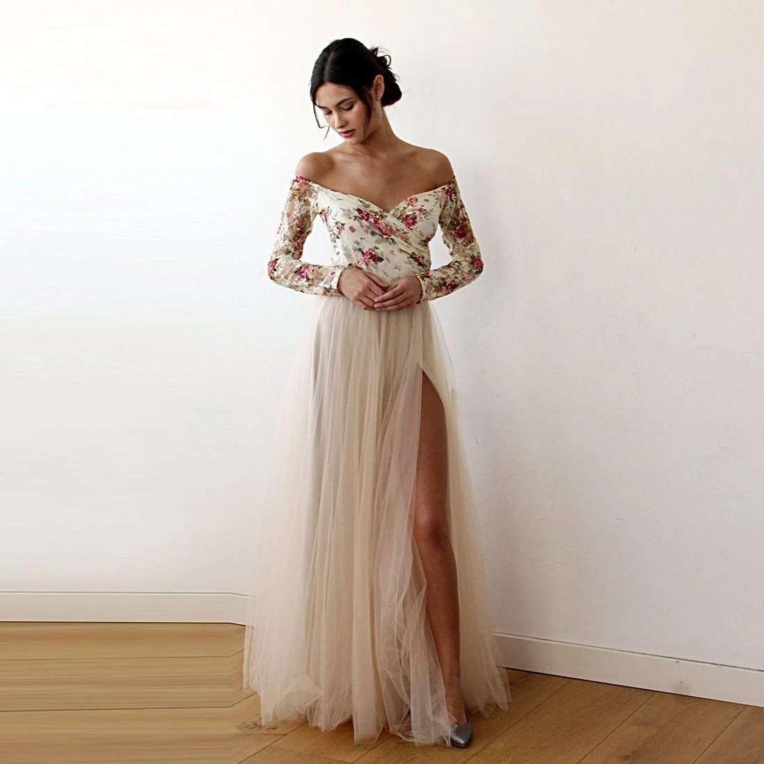 Floral Off-Shoulder Champagne Tulle Wedding Dress With High Slit - Lovez Aqua© - 