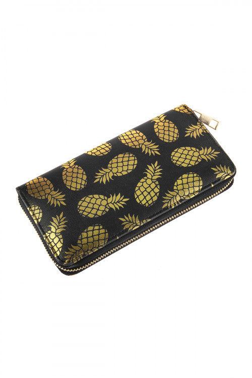 Gold Pineapple Print Women’s Zip-Around Wallet with Multiple Card Slots - Lovez Aqua© - 