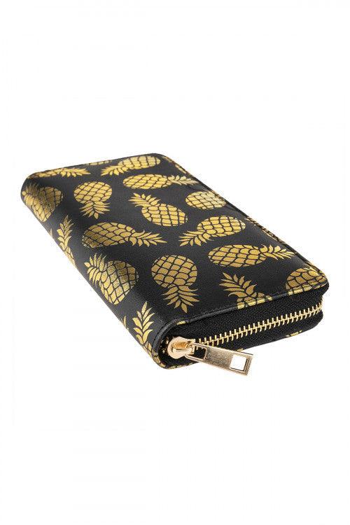 Gold Pineapple Print Women’s Zip-Around Wallet with Multiple Card Slots - Lovez Aqua© - 