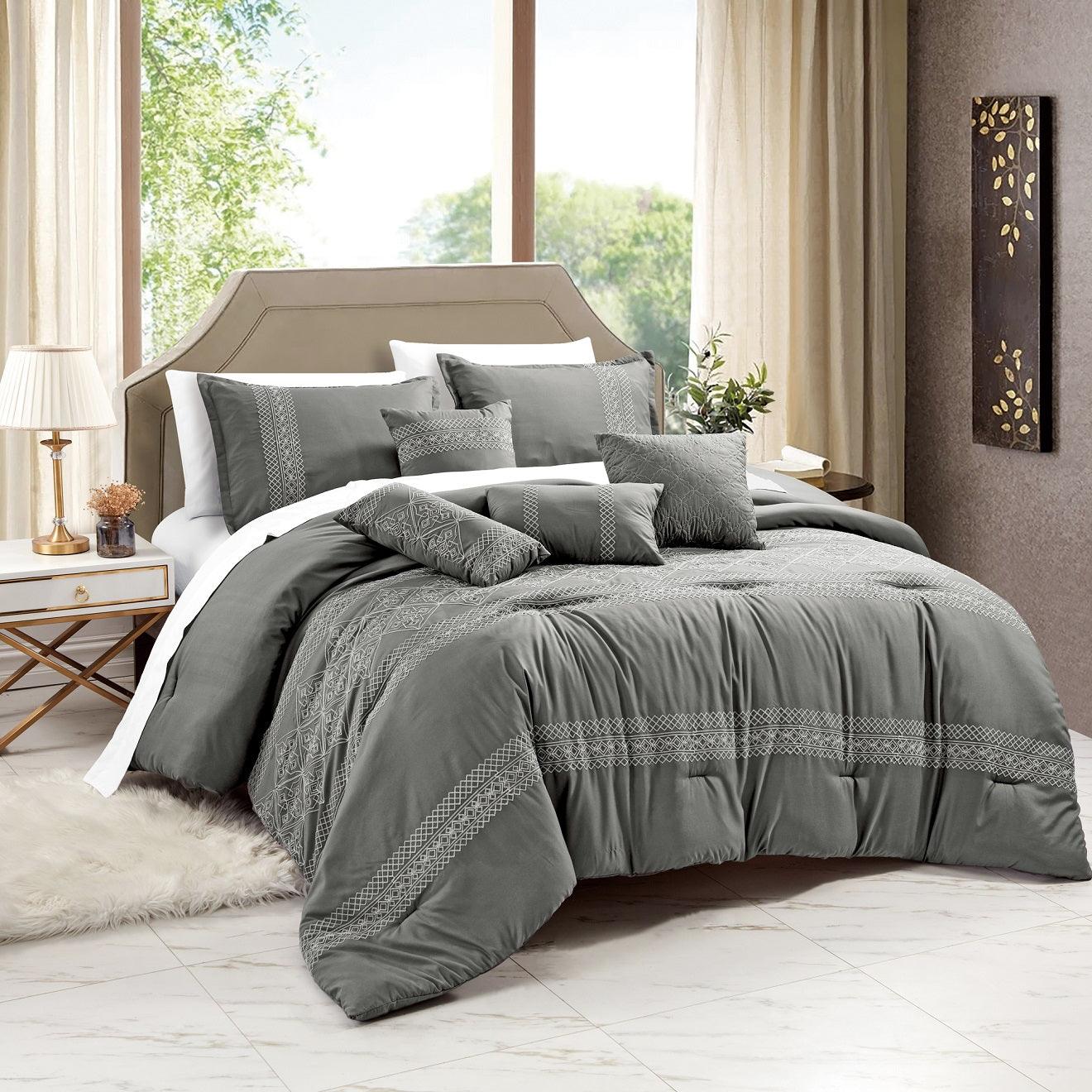 Gray Embroidered 7 Piece Duvet Comforter Set - Lovez Aqua© - 