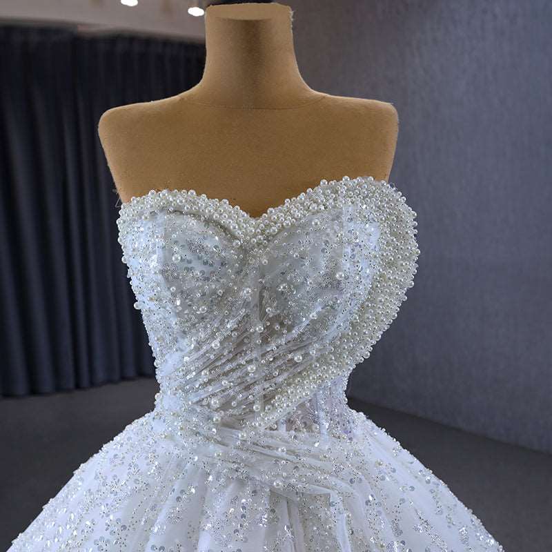 White Sequined Wedding Ball Gown with Heart Sweetheart Neckline & Chapel Train