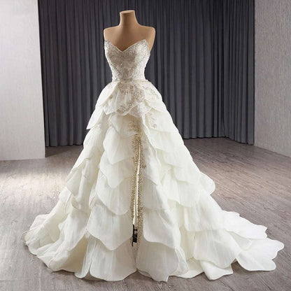 Vintage Flower Petal Ruffles White Wedding Gown with Gold Sequin High Slit - 80d3e6-0e.myshopify.com - -  