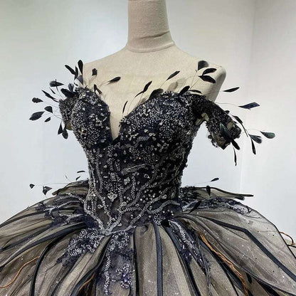 Dark Fantasy Taupe & Black Glitter Wedding Gown with Gothic Flower & Feathers - 80d3e6-0e.myshopify.com - -  