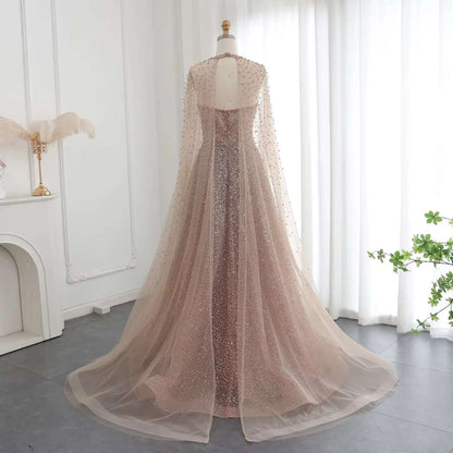 Women's Shimmering Crystal & Glitter Luxury Evening Gown With Hooded Cape