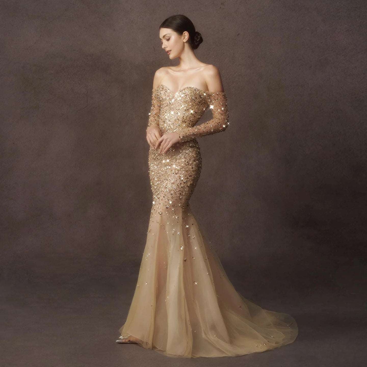 Golden Off-Shoulder Sequined Mermaid Wedding Gown with Detachable Overskirt - 80d3e6-0e.myshopify.com - -  