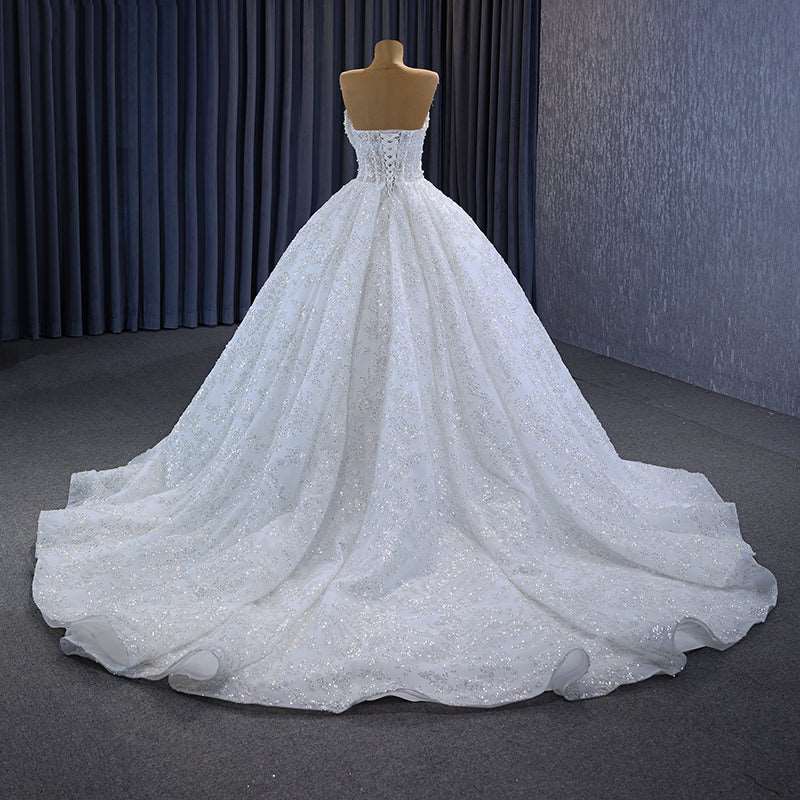 White Sequined Wedding Ball Gown with Heart Sweetheart Neckline & Chapel Train