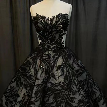 Gothic Black Off-Shoulder Floral Sheer Ball Gown with Sweetheart Neckline