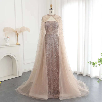 Women's Shimmering Crystal & Glitter Luxury Evening Gown With Hooded Cape