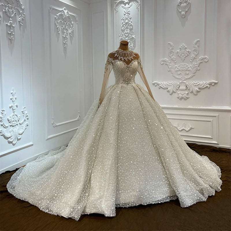 Luxury Pure Silk Crystal Embroidered Wedding Gown with Choker & Chapel Train