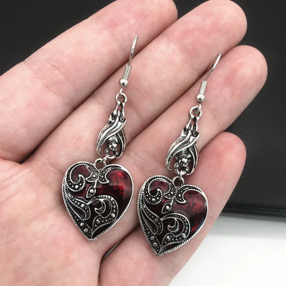 Gothic Darkened Crimson & Silver Heart Pendant Earrings with Bat Detail - 80d3e6-0e.myshopify.com - -  