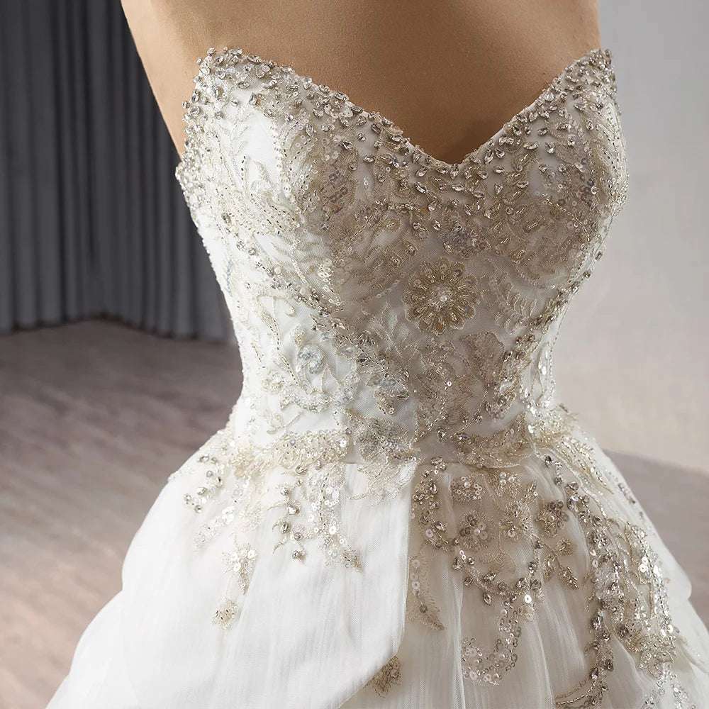 Vintage Flower Petal Ruffles White Wedding Gown with Gold Sequin High Slit - 80d3e6-0e.myshopify.com - -  