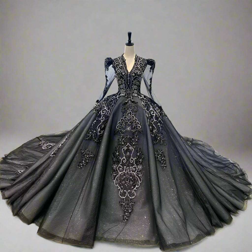 Regal Black Filigree Gothic Vintage Wedding Gown with V-Neck & Silver Embroidery