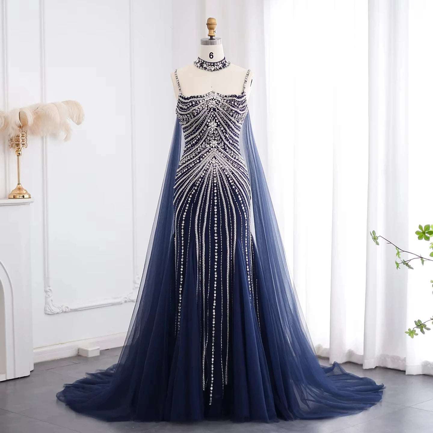 Navy, Pink or Silver Mermaid Women's Evening Gown with Rhinestone Choker Cape - 80d3e6-0e.myshopify.com - -  