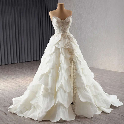 Vintage Flower Petal Ruffles White Wedding Gown with Gold Sequin High Slit - 80d3e6-0e.myshopify.com - -  