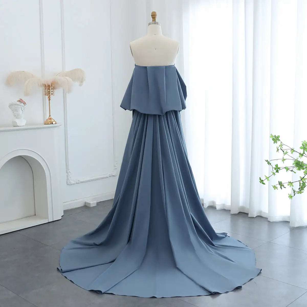 Luxury Silver Blue Strapless Sequined Evening Dress with Draped Regal Cape