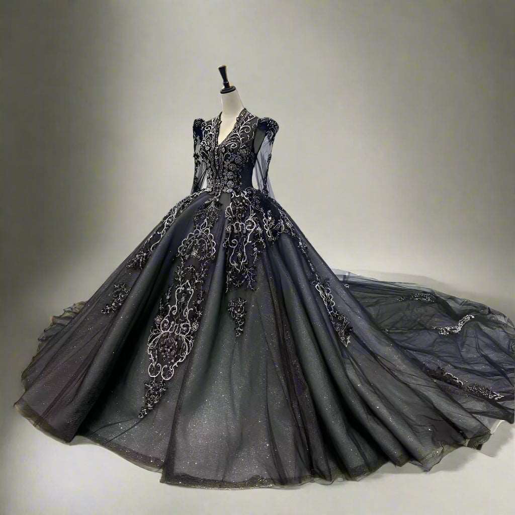 Regal Black Filigree Gothic Vintage Wedding Gown with V-Neck & Silver Embroidery