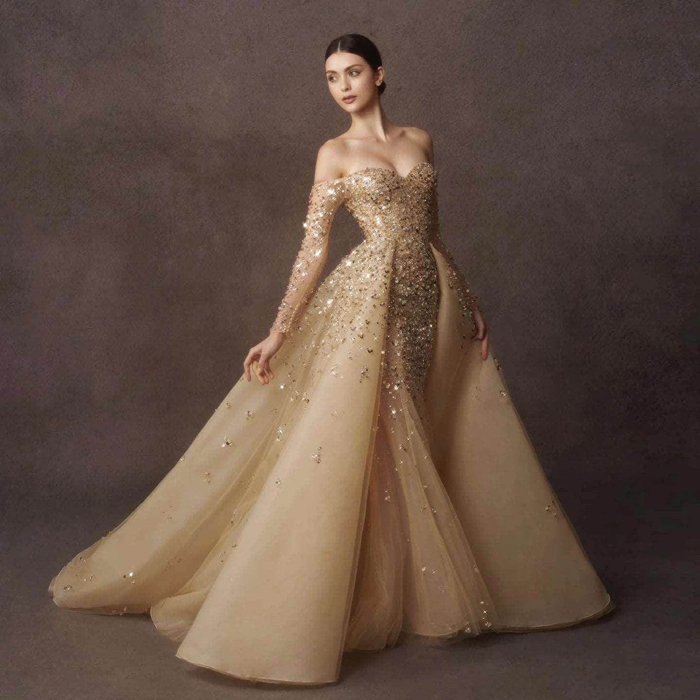 Golden Off-Shoulder Sequined Mermaid Wedding Gown with Detachable Overskirt - 80d3e6-0e.myshopify.com - -  