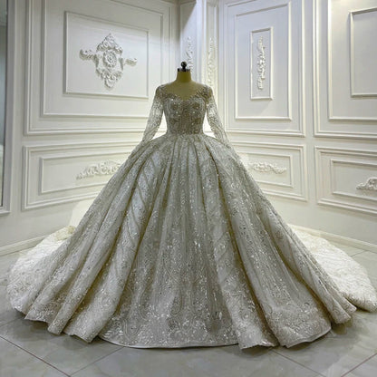 Silk Ivory Long Sleeve Wedding Ball Gown with Silver Crystal & Lace Embroidery