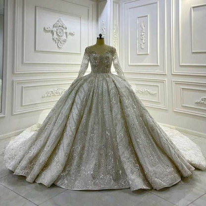 Silk Ivory Long Sleeve Wedding Ball Gown with Silver Crystal & Lace Embroidery - 80d3e6-0e.myshopify.com - -  