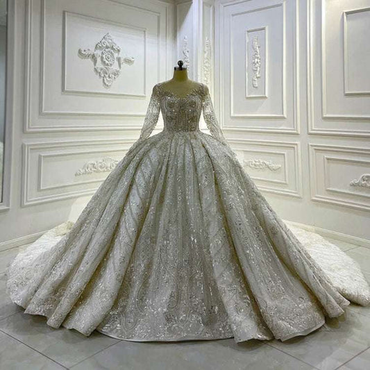 Silk Ivory Long Sleeve Wedding Ball Gown with Silver Crystal & Lace Embroidery - 80d3e6-0e.myshopify.com - -  