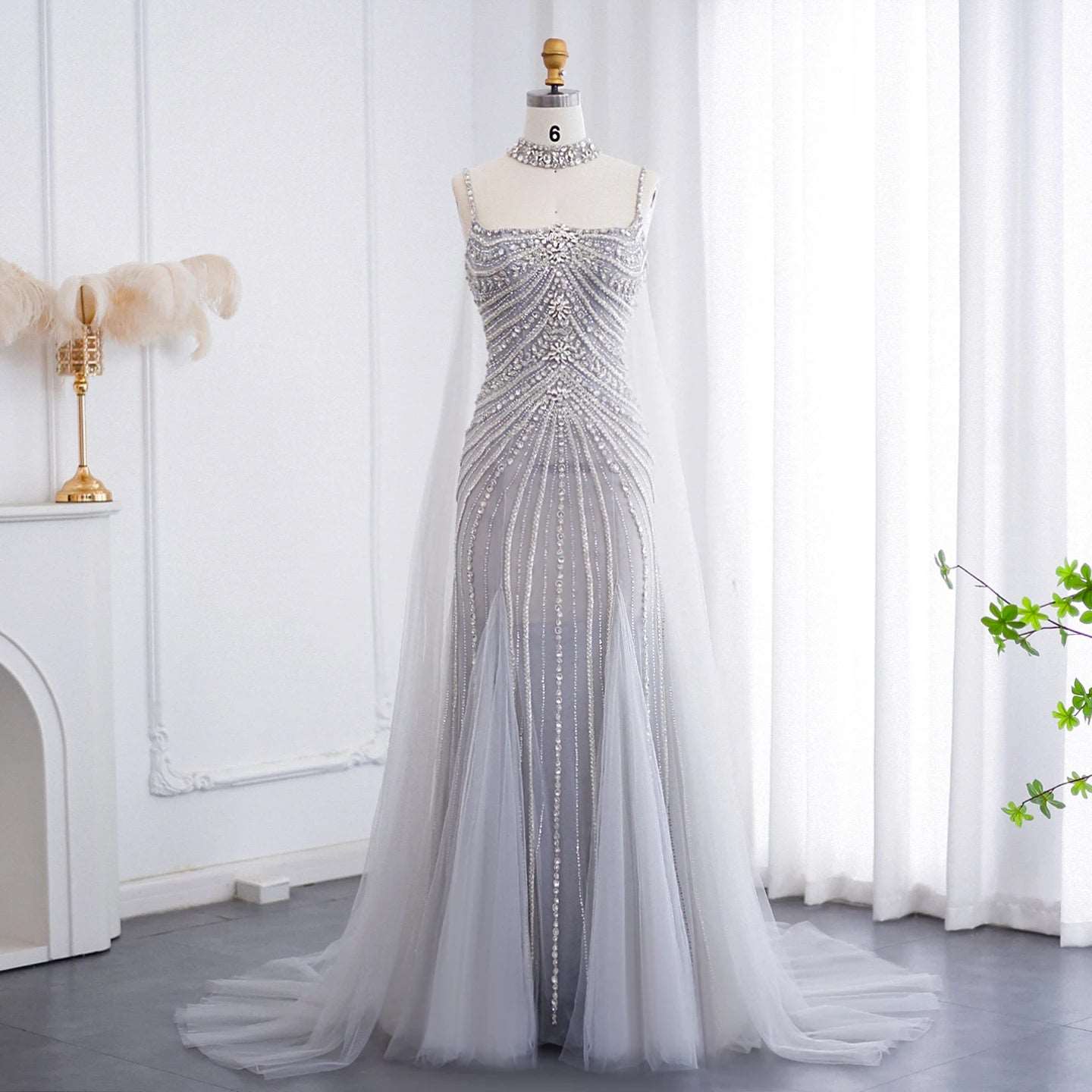 Navy, Pink or Silver Mermaid Women's Evening Gown with Rhinestone Choker Cape - 80d3e6-0e.myshopify.com - Silver / 2 -  Silver