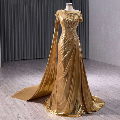 Metallic Liquid Gold Women's Beaded Peal Mermaid Evening Gown with Watteau Train