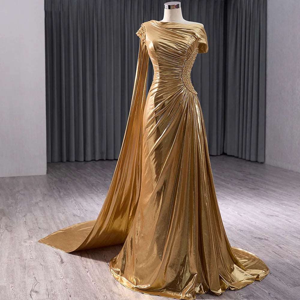 Metallic Liquid Gold Women's Beaded Peal Mermaid Evening Gown with Watteau Train