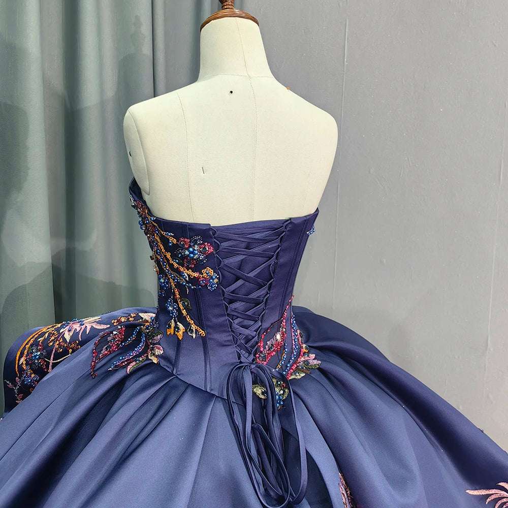 Navy Glitter Off-Shoulder Evening Gown with Floral Applique Purple Satin Corset - 80d3e6-0e.myshopify.com - -  