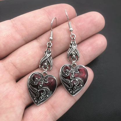 Gothic Darkened Crimson & Silver Heart Pendant Earrings with Bat Detail - 80d3e6-0e.myshopify.com - -  