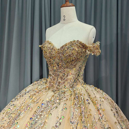 Luxury Golden Evening Ball Gown with Multicolored Sequins & Sweetheart Neckline