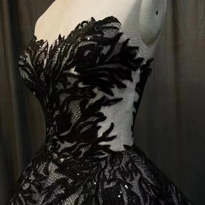 Gothic Black Off-Shoulder Floral Sheer Ball Gown with Sweetheart Neckline