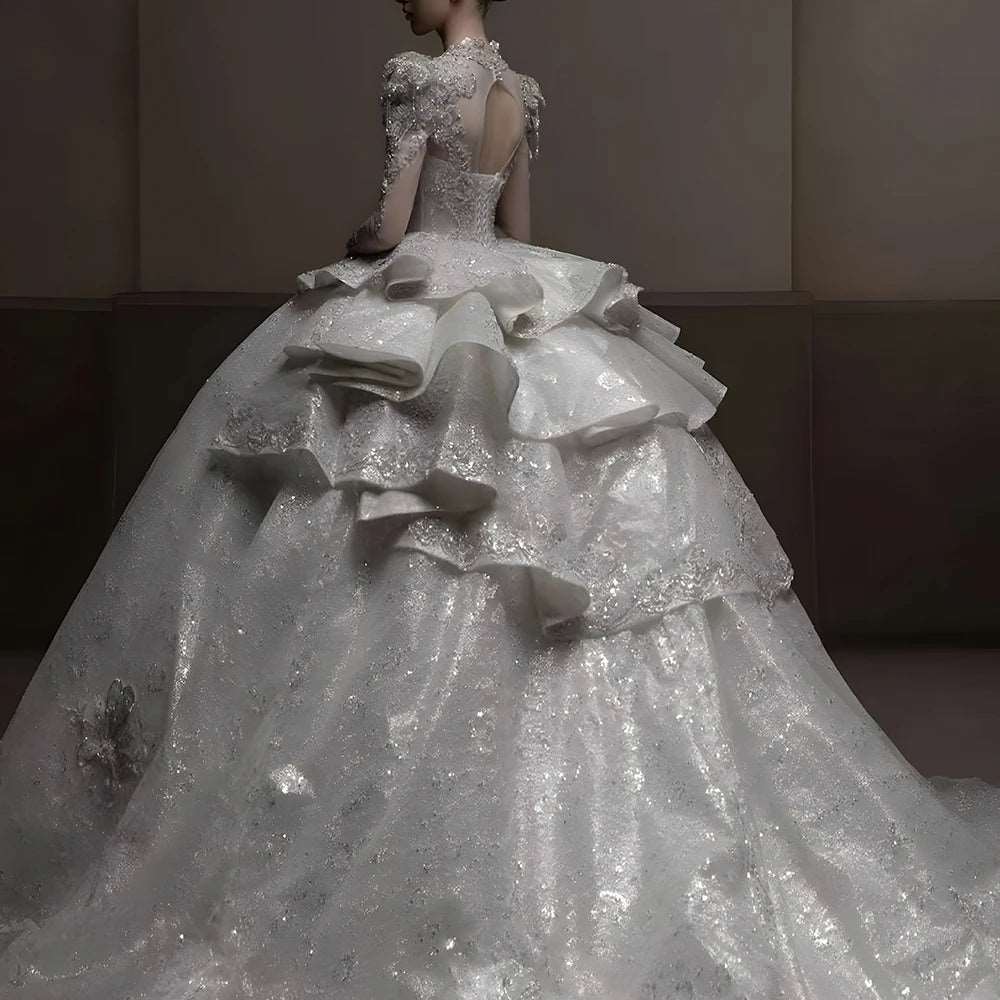 Silk Ivory Multilayered Wedding Gown with Silver Embroidery & Chapel Train