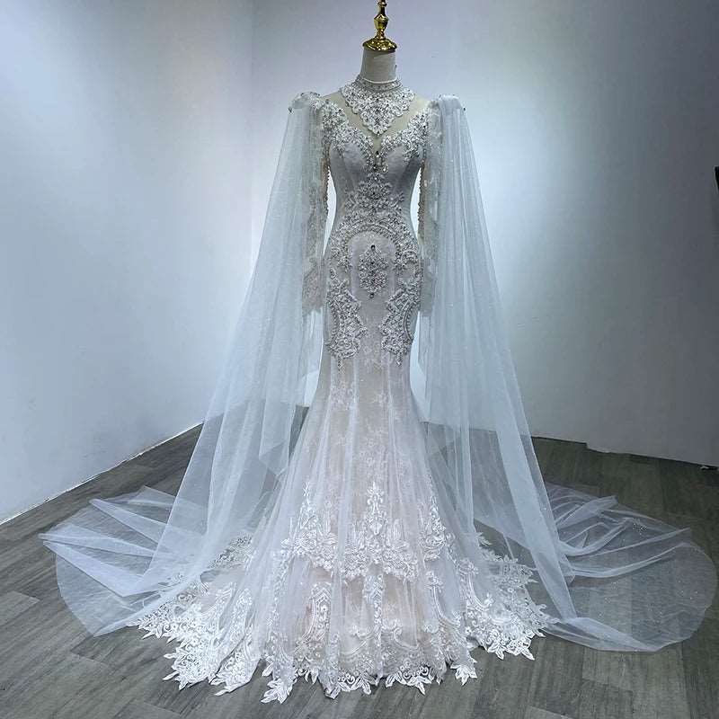 Vintage White Lace Mermaid High Neck Wedding Gown with Detailed Embroidery