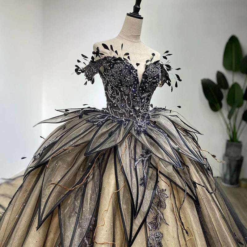 Dark Fantasy Taupe & Black Glitter Wedding Gown with Gothic Flower & Feathers - 80d3e6-0e.myshopify.com - -  