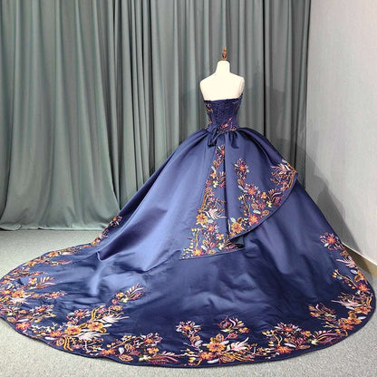 Navy Glitter Off-Shoulder Evening Gown with Floral Applique Purple Satin Corset - 80d3e6-0e.myshopify.com - -  